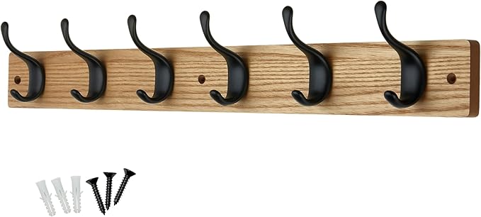 6 Matte Black Coat Hooks on Ash Effect Wooden Board - 68cm Modern Wall Mounted Coat Rack Clothes Hanger