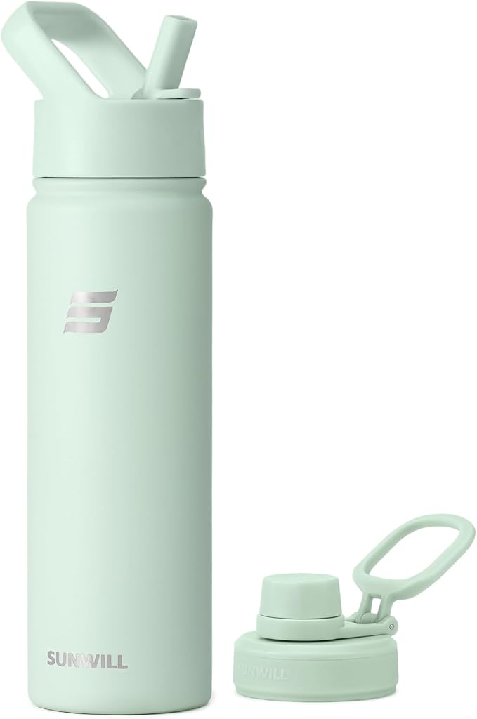 SUNWILL Metal Water Bottle with Straw Stainless Steel, 650ml Insulated Leakproof Thermal Flask with 2 Lids for Cold and Hot Drink, Running, Sports, Gym, Travel, Matcha Cream