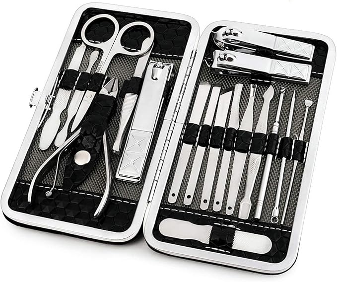 Manicure Pedicure Set Nail Clippers Kit 18 Pcs Stainless Steel Hygiene Kit Portable Nail Trimming set and Grooming Tools with Fine Leather Case [Gift Box] (18 PCS - Black)