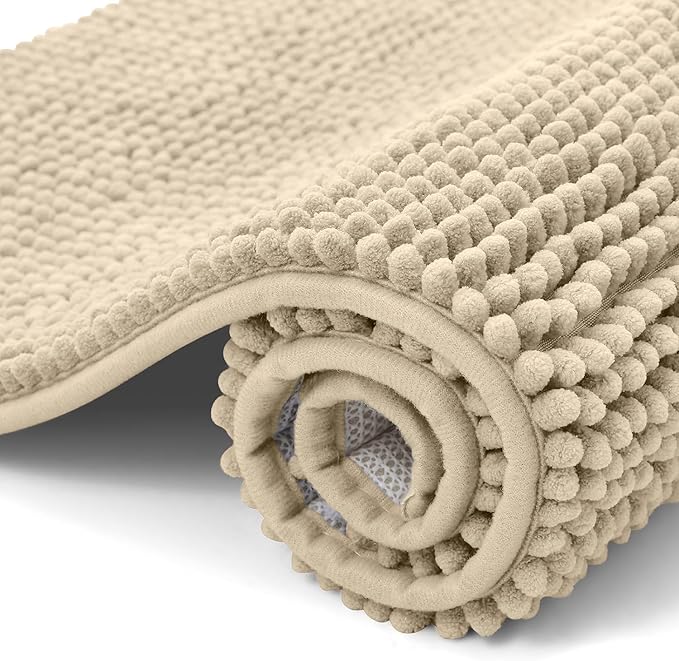 smiry Non Slip Chenille Bath Mat, Extra Soft Bathroom Mat, Super Absorbent Fluffy Bath Mats for Bathroom, Machine-Washable Quick Dry Bath Rug Foot Mat, 40 x 60 cm, Beige