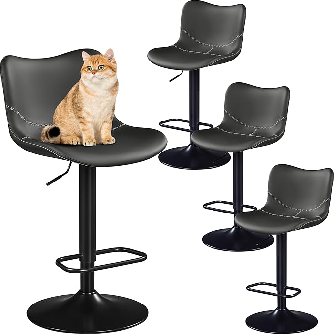 Yaheetech Bar Stools Set of 4, PU Leather Barstools with Backrest and Footrest, Height Adjustable Swivel Bar Chairs, Modern Armless Counter Stools Home Kitchen Island Stool, Dark Gray