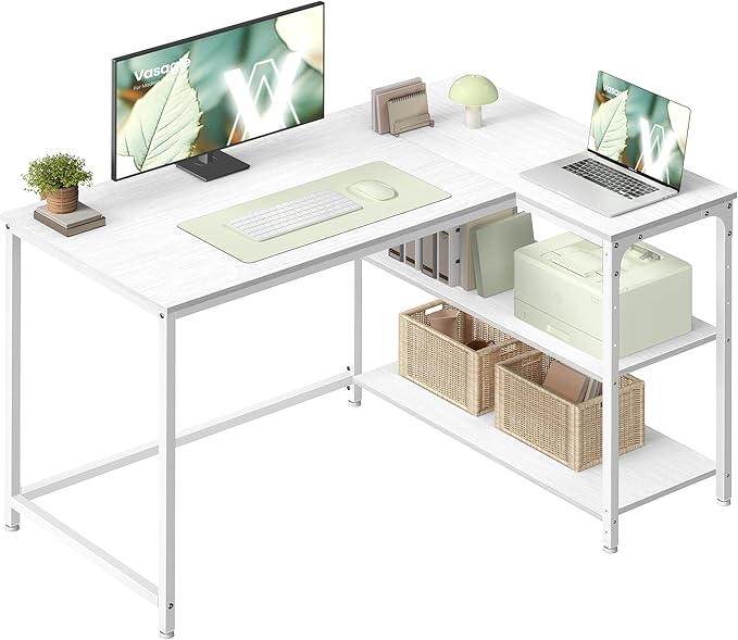VASAGLE L Shaped Corner Desk, Computer Gaming Desk with Storage, Reversible Height-Adjustable Shelves, for Home Office, 110 x 80 cm, Maple White LWD135WF01