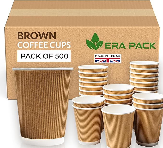 500 x Kraft 12oz Ripple Paper Cups - Strong 3-PLY Disposable Cups - Leak-Proof, Recyclable Design, Insulated Coffee Cup for Hot Drinks, Tea, and Beverages