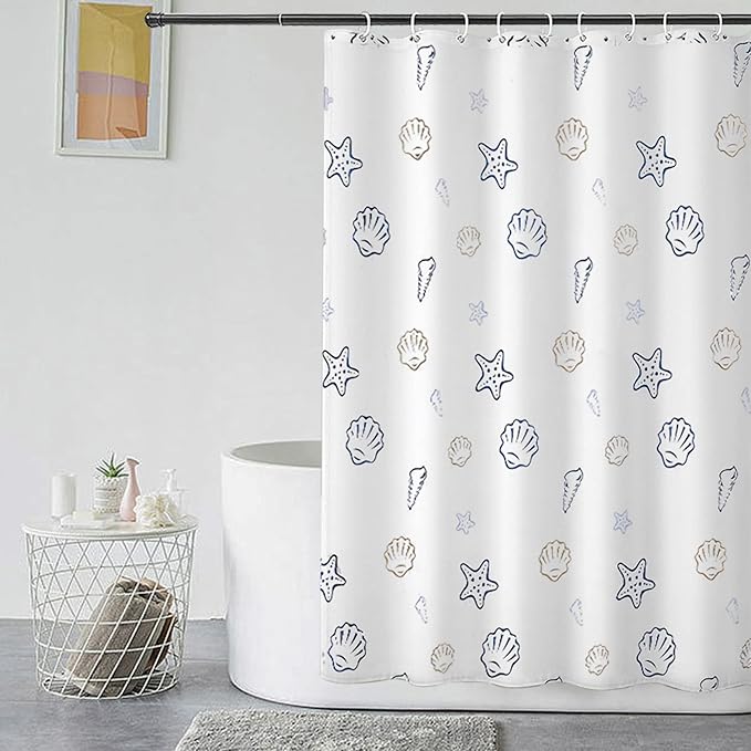 GERUIKE Weighted Shower Curtain 180 x 200 cm, Waterproof Anti-Mould Textile 130GSM Polyester Fabric, Machine Washable with 12 Rings & Cartoon Style White Ocean World Pattern