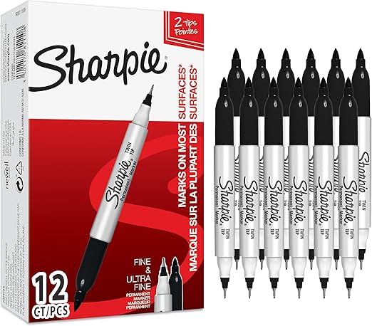 Sharpie Twin Tip Permanent Markers | Fine & Ultra-Fine Points | Black | 12 Count