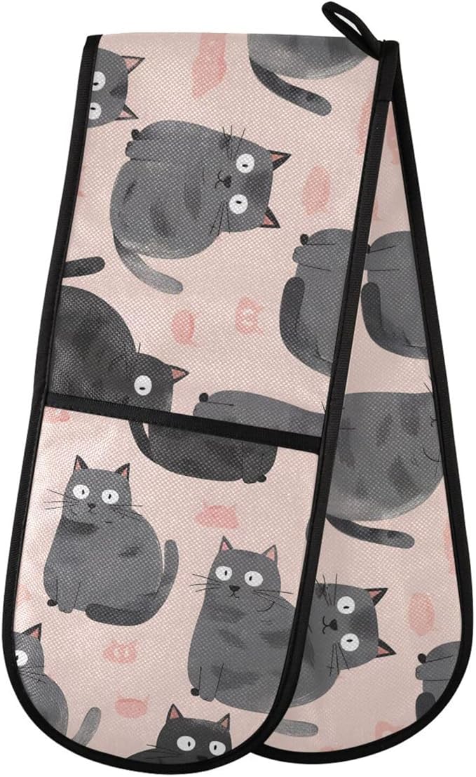 Oven Gloves Double Oven Gloves Grey Cat Pink Oven Mitts Pot Holder Heat Resistant Quilted for BBQ Baking Kitchen Cooking Gloves