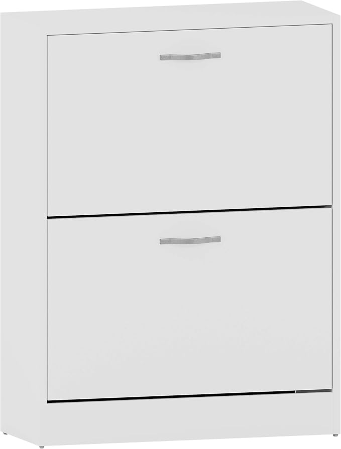 Vida Designs Shoe Cabinet, Wooden Shoe Storage Unit with 2 Pull-Down Drawers, Multifunctional Dust-Proof Space-Saving Slim Cupboard for Hallway or Entryway (White)