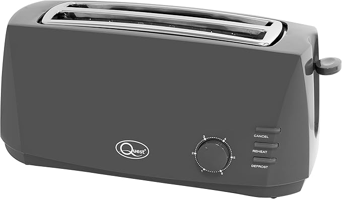 Quest 4 Slice Toaster Grey - Extra Wide Long Slots for Crumpets and Bagels - 6 Settings - Reheat and Defrost