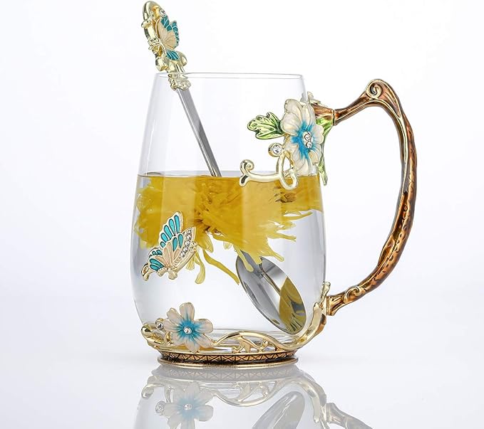 Luka Tech Handmade Enamel Butterfly Flower Glass Coffee Mugs Tea Cup with Spoon,Best Birthday Gifts for Her Women Mum Friends Mothers Day