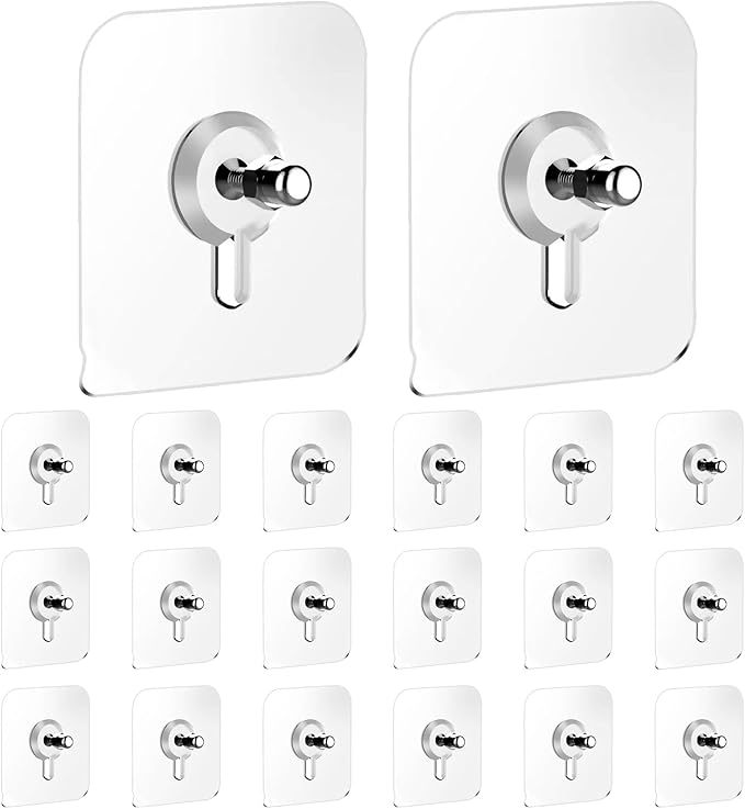 20 Pcs Self Adhesive Picture Hooks, Heavy Duty Adhesive Wall Hooks, Transparent Sticky Hooks No Nails for Hanging Pictures, Frames & Decorations, Kitchen Bathroom Living Room Use, Max 5kg