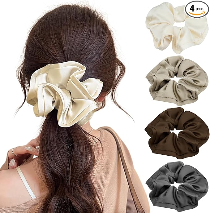 4 Pcs Large Silk Hair Scrunchies for Women Lengthening Satin Scrunchies for Hair Soft and Silky Hair Ties Hair Bands Elastic Hair Band Ponytail Holders Hair Accessories for Women Girls and Ladies