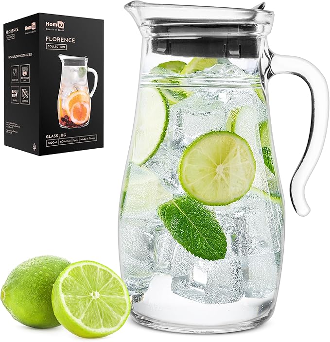 Homiu 1.8L Glass Water Jug with Lid Elegant Glass Pitcher for Juice, Milk, Cold Brew Coffee & Iced Tea Durable Beverage Carafe for Home & Kitchen