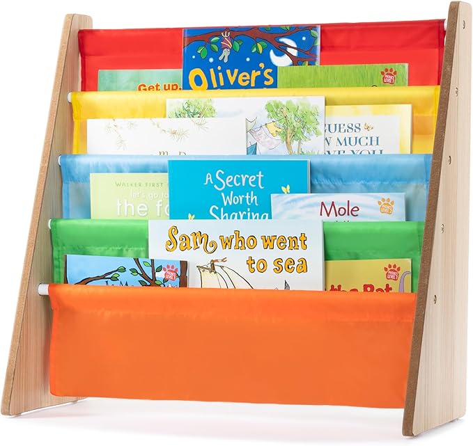 LIVIVO Colorful Kids Bookshelf - 4 Tier Children's Bookcase, Magazine and Book Storage Rack, Wooden Sling Book Organizer, Book Shelf for Kids Room, Bedroom, Nursery, Playroom (Multi-colour)
