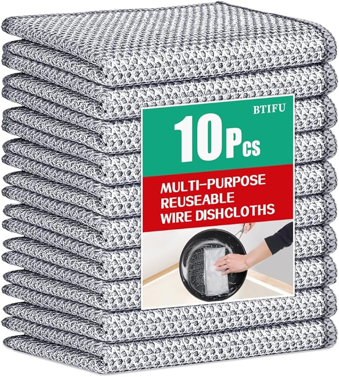 10 Pcs Multipurpose Non Scratch Wire Dishcloth, Reusable Wire Dishwashing Rag, Wet and Dry Metal Dishcloths for Kitchen Cleaning, Sinks, Dishes, Stoves (20 x 20 cm)