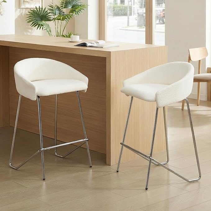 chairus Modern Set of 2 Bar Stools Chenille Breakfast Bar Stool with Silver-tone Metal Frame for Kitchen Island, Home Bar & Cafe, White