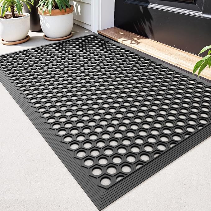 DEXI Outdoor Door Mat 60 x 90 cm, Non-slip Heavy Duty Rubber Doormat with Drainage Holes, Dirt Trapper Waterproof Front Entrance Mats for Porch, Patio, Garden, Charcoal