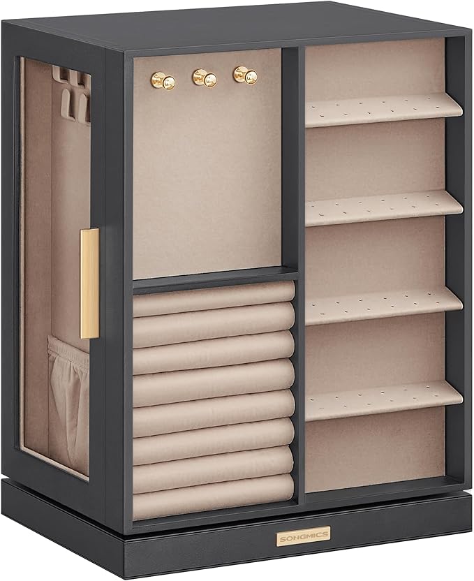 SONGMICS Jewellery Box 360° Rotating, Jewellery Organiser with 5 Drawers, Jewellery Display Case, Glass Window, Spacious, Vertical Jewellery Storage, Open Design, Great Gift, Slate Grey JBC170G01