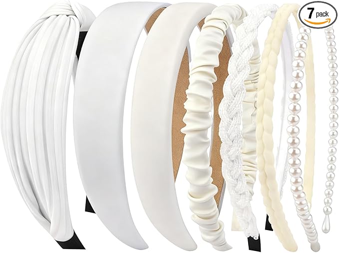 Beaded Non Slip Headbands for Women, 7 Pack Knotted Plastic Hairbands, High Cranial Top Fit, Fashion Elastic Hair Accessories, Perfect for Washing Face Daily Use (White, Qne Size)