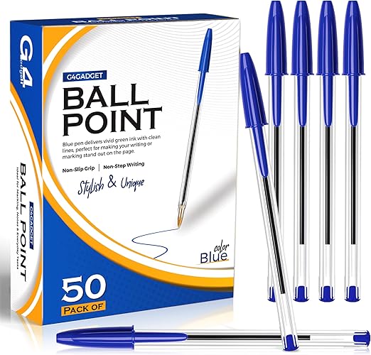 G4GADGET 50 Pack Blue Ballpoint Pens – Medium Tip Biros for Smooth Writing – Comfortable Grip, Long-Lasting Ink – Ideal for School, Office & Home Use – Bulk Stationery Supplies