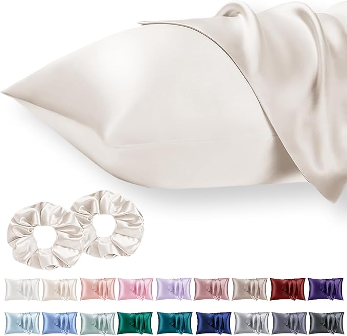 Vielit 2 Pack Satin Pillowcase for Hair and Skin Cooling,Soft as Silk Pillowcase for Hair and Skin,Easier Care than Silk Pillow Case Beige 50x75cm Gifts for Women Envelope & 2 Scrunchies