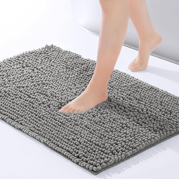 Hafaa Bath Mat Non Slip Anti Mould – Grey Chenille Bathroom Mat 40 x 60 cm Machine Washable Bath mats Super Absorbent Extra Soft Fluffy Shower mat