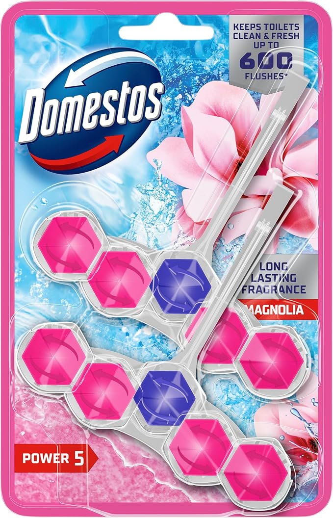 Domestos Power 5 Magnolia Toilet Rim Blocks toilet freshener with a long-lasting fragrance clean and freshen for up to 300 flushes 2x 50 g