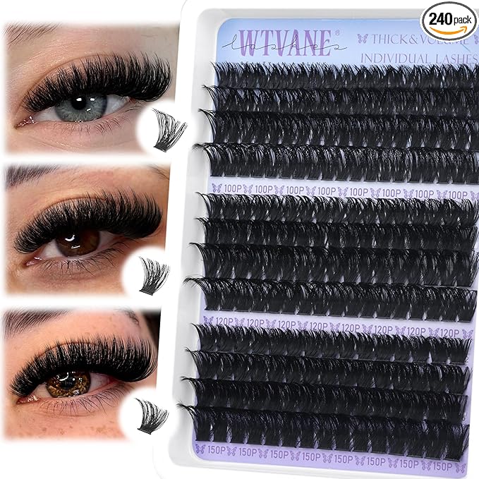 Thick Cluster Lashes 100D+120D+150D Volume Individual Eyelash Clusters 240Pcs 12-18mm Cluster Lashes Extensions Wispy False Eyelashes D Curl Individual Lashe by Wtvane