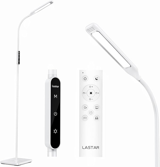 Lastar LED Floor Lamp, Reading Standing Lamps with Remote and Touch Control for Living Room, Bedroom, Office with 4 Color Temperature & 4 Brightness Levels, 60 min Timer & Memory Function (White)[Energy Class F]