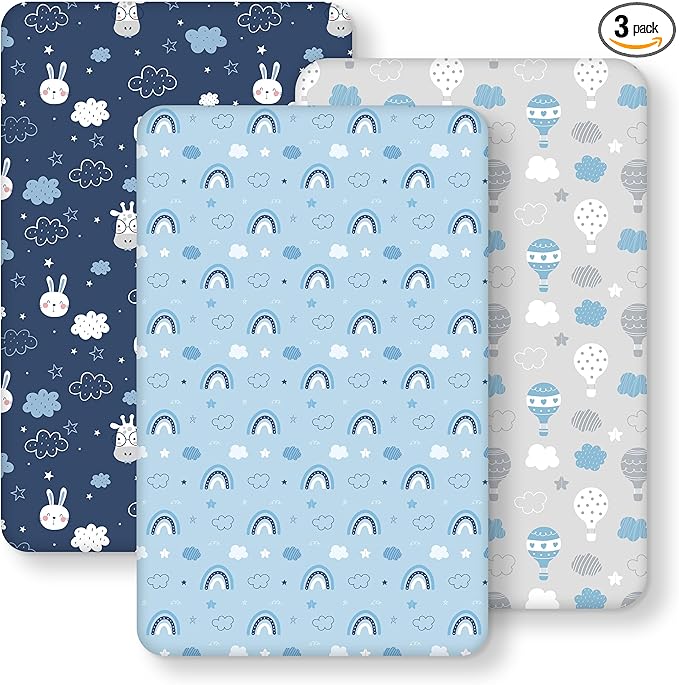 Next to Me Crib Sheets 85x51cm Fitted, 3 Pack Baby Cot Sheets, Ultra Soft & Silky Smooth Microfiber Bedside Crib Fitted Sheets Blue Cloud Animal