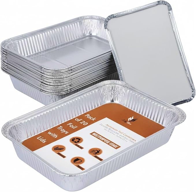 20 Pack Large Aluminium Foil Trays -(32 * 21 * 5.5cm)/2300ml Tin Foil Trays with Lids for Oven use, Food Storage,BBQ,Roasting and Baking
