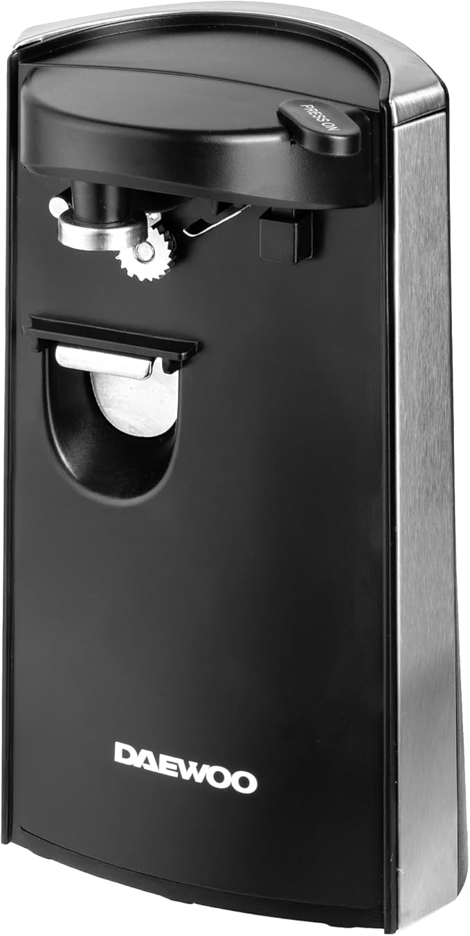 Daewoo Electric Tin Can Opener SDA2313 Multifunction Knife Sharpener Bottle Opener, Hands Free 60W Black Silver