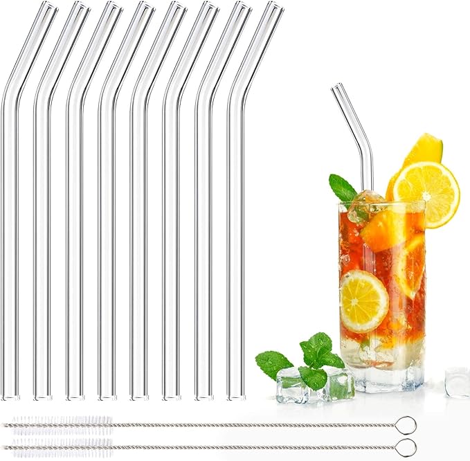 DONQL 8 Pcs Glass Straws Reusable Glass Straw Drinking Straws with 20cm Length Eco Friendly with 2 Cleaning Brushes Transparent Clear Straws Perfect for Milk Coffee Coctail (Curved)