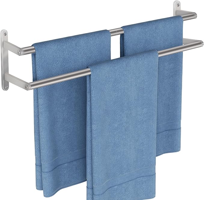 Double Towel Rail Wall Mounted, 60cm Bathroom Towel Rails, Stainless Steel Towel Holder, Bathroom Towel Rack, Hand Towel Rail for Bathroom Shower Storage, Kitchen, Brushed Nickel