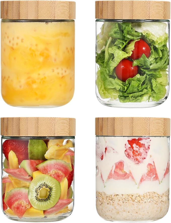 Overnight Oats Jar, 4 Pack Glass Overnight Oats Containers with Wooden Lids, Wide Mouth Glass Jars Breakfast Pots for Cereal, Yogurt, Salad, Chia Pudding (500ml - 4pcs)