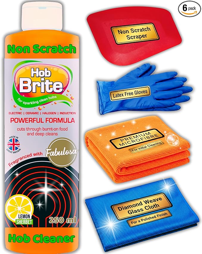 Hob Brite Ceramic Hob Cleaner for Glass, Induction & Electric Hobs - with Non-Scratch Scraper, Cleaning Cloth, Polishing Cloth & Gloves - Professional Kit for Burnt Pans & Stove Top (250ml)