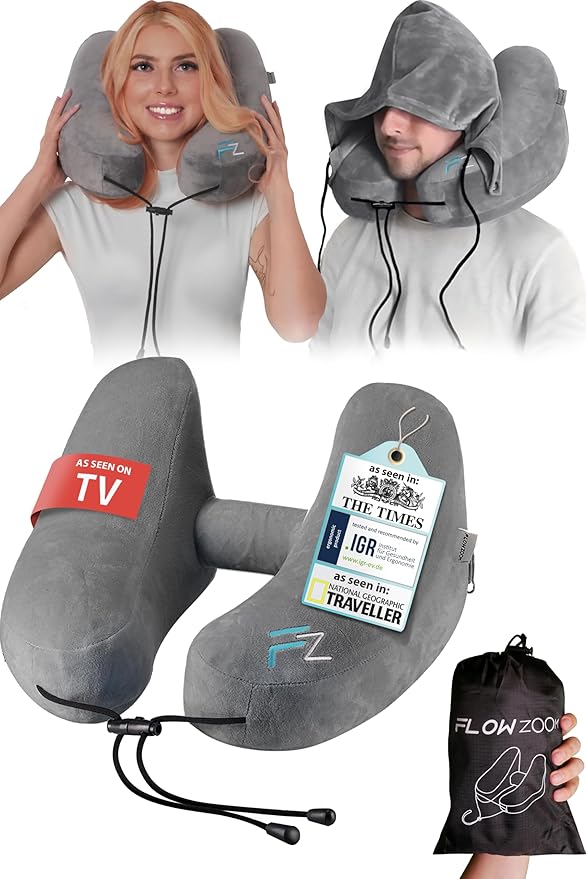 FLOWZOOM Air Inflatable Travel Pillow for Airplane & Car – H-Shape Flight Pillow with 5 Sleeping Positions, Quick Inflation, Adjustable Pressure, Detachable Hood, Soft Plush Cover – Size L, Grey