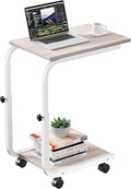 Side Table Height Adjustable Coffee End/Bedside Table with 4 Wheels for Sofa Bedroom Living Room Office, Suitable for Small Spaces, Stable, Heavy Duty Iron, White Oak