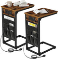 AMHANCIBLE C Shaped End Table with Charging Station, TV Tray Set of 2, Couch Tables with Storage Bag, Slide Under Sofa Side Table with USB Ports and Outlets for Living Room HET04CBR