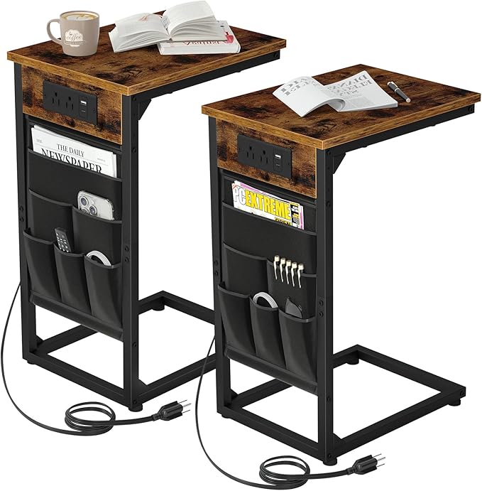 AMHANCIBLE C Shaped End Table with Charging Station, TV Tray Set of 2, Couch Tables with Storage Bag, Slide Under Sofa Side Table with USB Ports and Outlets for Living Room HET04CBR