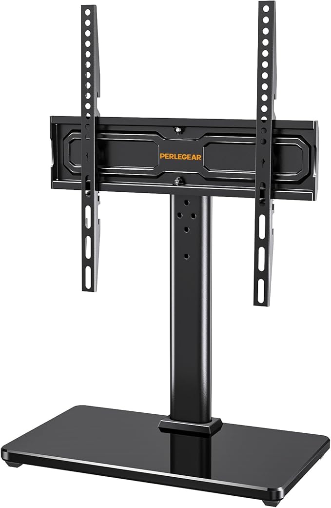 PERLEGEAR Universal Swivel TV Stand for 24-60 inch TVs up to 45kg, Height Adjustable Table Top TV Stands, TV Base Stand with Tempered Glass Base, Pedestal TV Stand with Bracket Max VESA 400x400mm