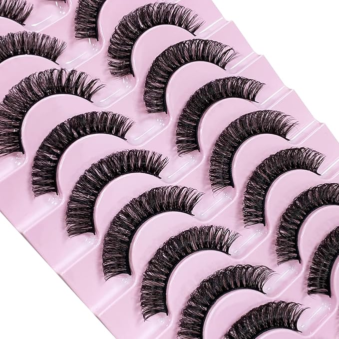 CNMTCCO False Eyelashes 10 Pairs Russian Strip Lashes Natural Fluffy Wispy D Curly Faux Mink Lashes Thick Short Soft Eyes Lash Reusable Fake Eyelashes (Densely)
