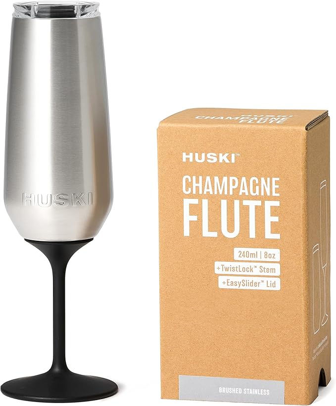 Huski Champagne Flute | New | Award-Winning Design with Detachable Stem | Premium Stainless Steel Champagne Glass with Lid | Triple Insulated Tumbler | 240ml Capacity | Great Gift (Stainless)
