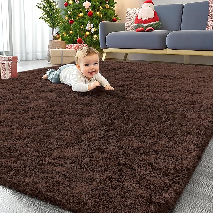 Homaxy Fluffy Shaggy Rugs Living Room, Large Anti Slip Carpet, Machine Washable Soft Thick Pile Bedside Rug for Kids Bedroom, Nursery - Coffee, 120 x 160 cm