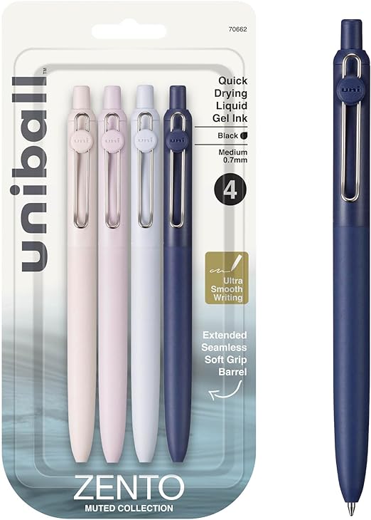 uni-ball Zento Gel Ink Ballpoint Pen - Black - Smooth Medium Nib - Coloured Japanese Pens - Discreet Colours (Pack of 4)