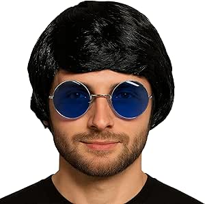 Mens Black Boyband Wig with Fringe Fancy Dress Accessories - Black Mens Wig Hair Accessory for Retro Britpop 60s 70s and 80s Fancy Dress Adult - Synthetic Short Hair used as Male Halloween Accessories