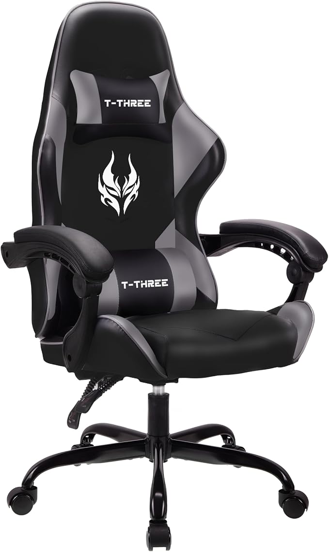 T-THREE.Ergonomic high-back gaming, computer, office, study, swivel, and racing-style chair with adjustable lumbar and headrest support, 150kg weight capacity, ideal for home office(Gray)