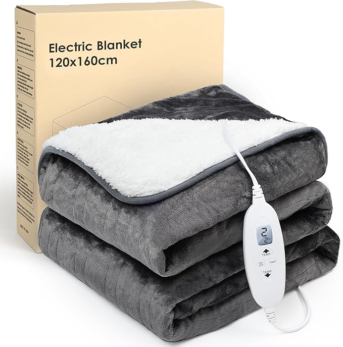 Electric Heated Blanket Throw,Electric Throw with 4 Heat Settings & 4 Hours Auto-Off Timer, LCD Display,Grey Heating Blanket Flannel Sherpa for Sofa and Bed,160 * 120CM