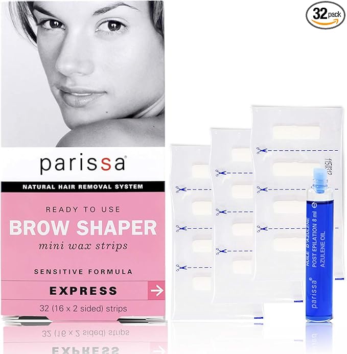 Parissa Eyebrow Wax Strips (32 Strips) - Hair Removal for Women Waxing Strips Kit - Wax Kit for Eyebrows - with After Care Azulene Oil