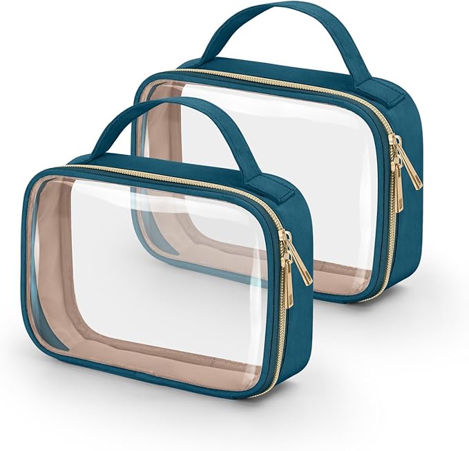 TSA Approved Toiletry Bag, 2 Pack Clear Makeup Bags With Handles, Quart Size PVC Cosmetic Bags for Women and Men, Carry on Airport Airline Compliant Bag, Til Blue