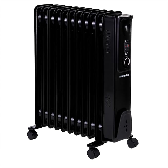 EMtronics EMOFR11BLK 2500W/2.5KW 11 Fin Portable Electric Oil Filled Heater Radiator with Adjustable Thermostat and 3 Heat Settings for 25 sqm Room - Black